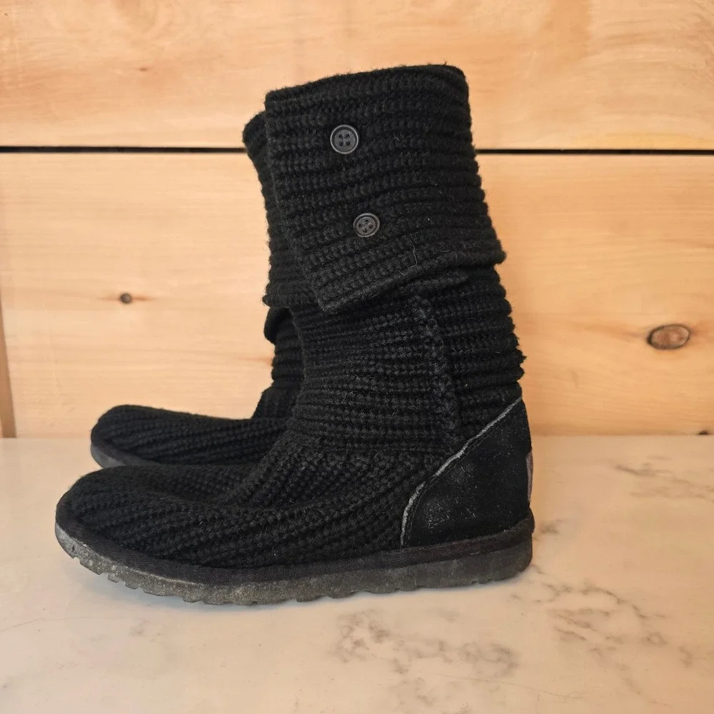 Ugg Cardy Boot Womens 6 Black Knit Fold Over Boots